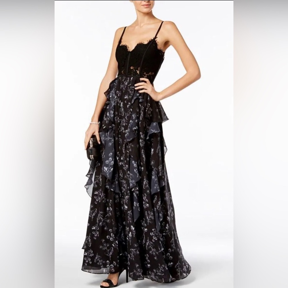 FAME AND PARTNERS
Lace & Floral-Print Ruffle Gown Dress Size 10